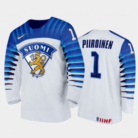 Men Finland Team 2021 IIHF World Junior Championship Kari Piiroinen #1 Home White Jersey