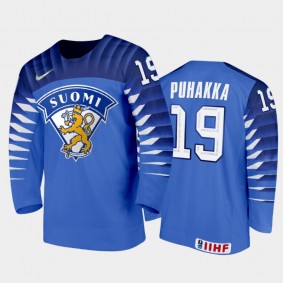 Men Finland Team 2021 IIHF World Junior Championship Petteri Puhakka #19 Away Blue Jersey