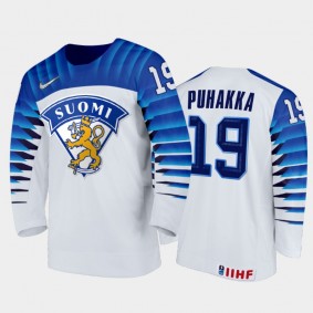 Men Finland Team 2021 IIHF World Junior Championship Petteri Puhakka #19 Home White Jersey