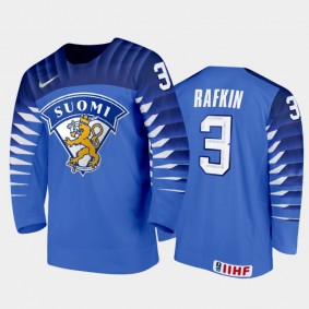 Men Finland Team 2021 IIHF World Junior Championship Ruben Rafkin #3 Away Blue Jersey