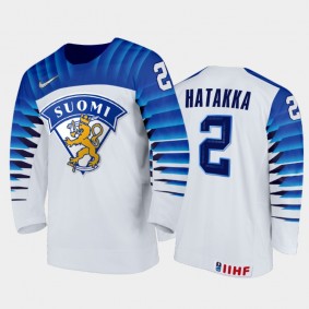 Men Finland Team 2021 IIHF World Junior Championship Santeri Hatakka #2 Home White Jersey
