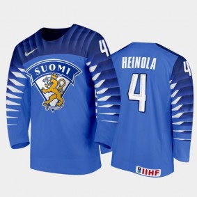 Men Finland Team 2021 IIHF World Junior Championship Ville Heinola #4 Away Blue Jersey
