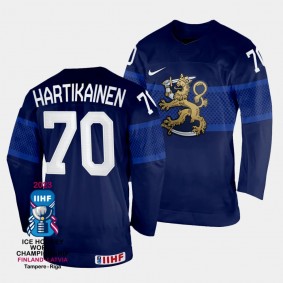 Finland #70 Teemu Hartikainen 2023 IIHF World Championship Away Jersey Navy