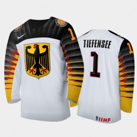 Men Germany 2021 IIHF World Junior Championship Arno Tiefensee #1 Away White Jersey