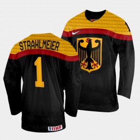Dustin Strahlmeier 2022 IIHF World Championship Germany Hockey #1 Black Jersey Away