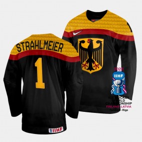 Dustin Strahlmeier 2023 IIHF World Championship Germany #1 Black Away Jersey Men