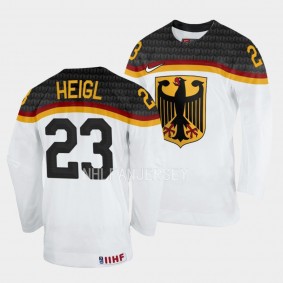 Germany #23 Thomas Heigl 2023 IIHF World Junior Championship Home Jersey White
