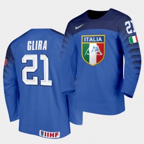 Italy Team Daniel Glira 2021 IIHF World Championship #21 Away Blue Jersey