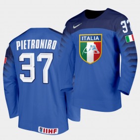 Italy Team Phil Pietroniro 2021 IIHF World Championship #37 Away Blue Jersey