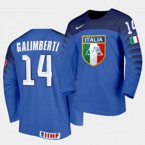 Italy Team Thomas Galimberti 2021 IIHF World Championship #14 Away Blue Jersey