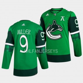 Vancouver Canucks 2023 St. Patricks Day J.T. Miller #9 Green Primegreen Authentic Jersey Men's