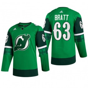 New Jersey Devils Jesper Bratt #63 St Patricks Day 2022 Green Jersey Warm-Up