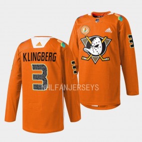 Orangewood John Klingberg Anaheim Ducks Orange #3 Warmup Jersey 2023