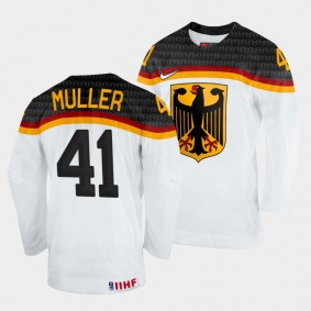 Germany 2022 IIHF World Championship Jonas Muller #41 White Jersey Home