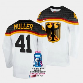 Germany 2023 IIHF World Championship Jonas Muller #41 White Jersey Home