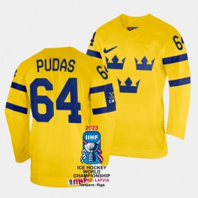Sweden 2023 IIHF World Championship Jonathan Pudas #64 Yellow Jersey Home