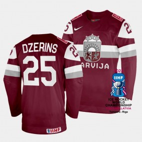 Andris Dzerins Latvia Hockey 2023 IIHF World Championship Away Jersey Maroon