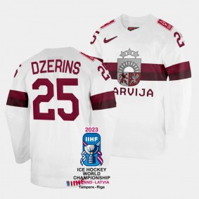 Latvia #25 Andris Dzerins 2023 IIHF World Championship Home Jersey White