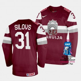 Arturs Silovs Latvia Hockey 2023 IIHF World Championship Away Jersey Maroon