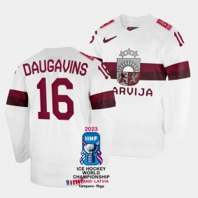Latvia #16 Kaspars Daugavins 2023 IIHF World Championship Home Jersey White