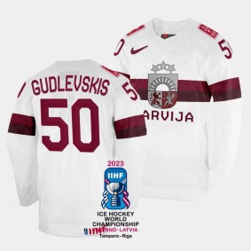 Latvia #50 Kristers Gudlevskis 2023 IIHF World Championship Home Jersey White