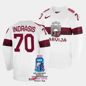 Latvia #70 Miks Indrasis 2023 IIHF World Championship Home Jersey White