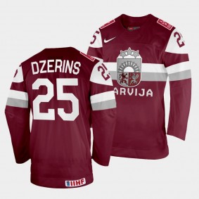 Andris Dzerins 2022 IIHF World Championship Latvia Hockey #25 Maroon Jersey Away