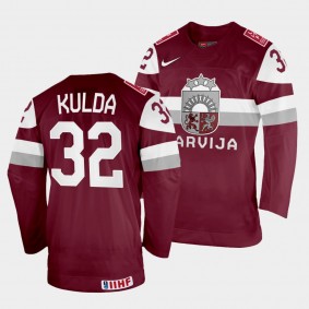 Arturs Kulda 2022 IIHF World Championship Latvia Hockey #32 Maroon Jersey Away