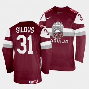 Arturs Silovs 2022 IIHF World Championship Latvia Hockey #31 Maroon Jersey Away