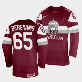 Arvils Bergmanis 2022 IIHF World Championship Latvia Hockey #65 Maroon Jersey Away
