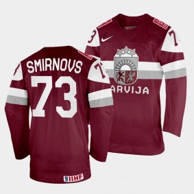 Deniss Smirnovs 2022 IIHF World Championship Latvia Hockey #73 Maroon Jersey Away