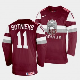 Kristaps Sotnieks 2022 IIHF World Championship Latvia Hockey #11 Maroon Jersey Away