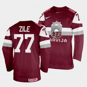Kristaps Zile 2022 IIHF World Championship Latvia Hockey #77 Maroon Jersey Away