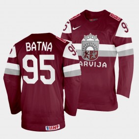 Oskars Batna 2022 IIHF World Championship Latvia Hockey #95 Maroon Jersey Away