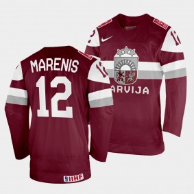 Rihards Marenis 2022 IIHF World Championship Latvia Hockey #12 Maroon Jersey Away