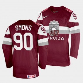 Sandis Smons 2022 IIHF World Championship Latvia Hockey #90 Maroon Jersey Away