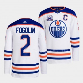 Edmonton Oilers 2022 Hall of Fame patch Lee Fogolin #2 White Away Jersey Men's