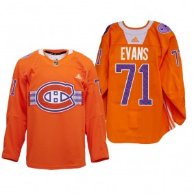 Jake Evans Montreal Canadiens Indigenous Celebration Night Jersey Orange #71 Warmup