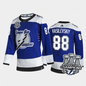 Tampa Bay Lightning Andrei Vasilevskiy #88 3x Stanley Cup Champions Blue Reverse Retro Jersey