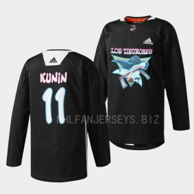 San Jose Sharks 2022 Los Tiburones Luke Kunin #11 Black Specialty Warm-Up Jersey Men's