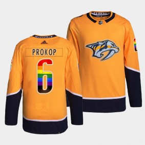 LGBTQ Pride Luke Prokop Nashville Predators 1st Gay #6 Gold Jersey