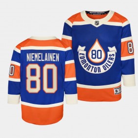 Edmonton Oilers #80 Markus Niemelainen 2023 NHL Heritage Classic Premier Player Royal Youth Jersey