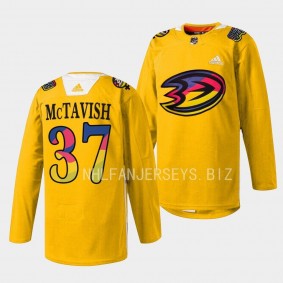 Women in Sports Night Mason McTavish Anaheim Ducks Yellow #37 Warmup Jersey 2023