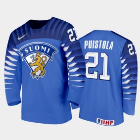 Finland Patrik Puistola #21 2020 IIHF World Junior Ice Hockey Blue Away Ice Hockey Jersey