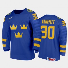 Sweden Hugo Alnefelt #30 2020 IIHF World Junior Ice Hockey Blue Away Jersey