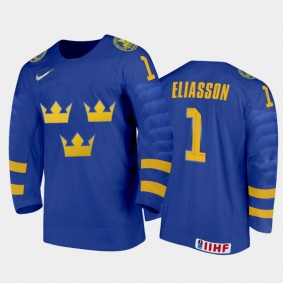 Sweden Jesper Eliasson #1 2020 IIHF World Junior Ice Hockey Blue Away Jersey