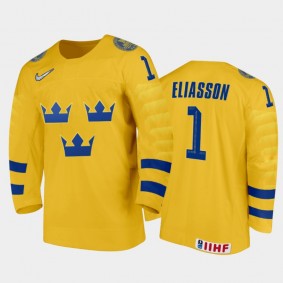 Sweden Jesper Eliasson #1 2020 IIHF World Junior Ice Hockey Yellow Home Jersey