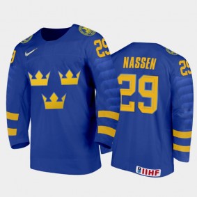 Sweden Linus Nassen #29 2020 IIHF World Junior Ice Hockey Blue Away Jersey
