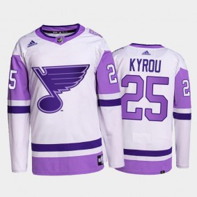 Jordan Kyrou #25 St. Louis Blues HockeyFightsCancer White Primegreen Authentic Jersey