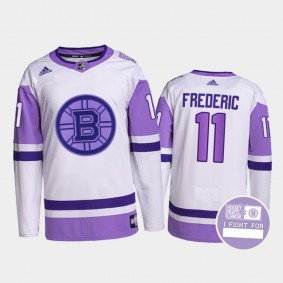 Trent Frederic #11 Boston Bruins Hockey Fights Cancer White Purple Primegreen Authentic Jersey